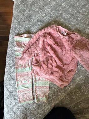 Tahari Pink Faux-Fur Pullover and Patterned Pajama Leggings Set